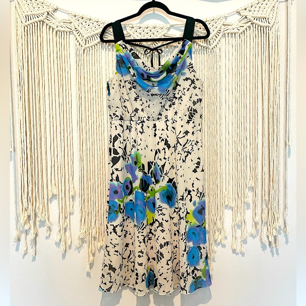 Jonathan Martin Sleeveless Floral Midi Dress Blue Green Cream and Black
